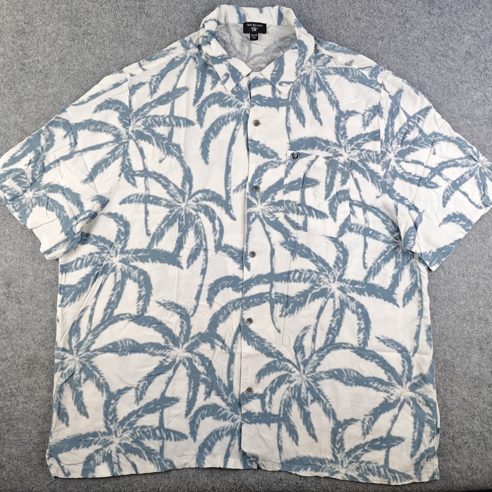 True Religion Hawaiian Shirt Mens 2XL (3XLTag) White Blue Floral Short Sleeve